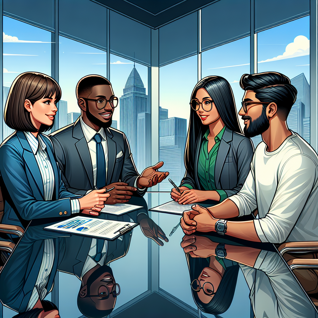 A diverse group of four professionals discussing salaries in a modern office setting.