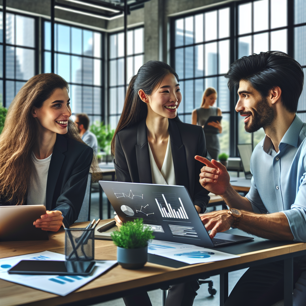 A group of three diverse social media managers collaborating in a modern office.