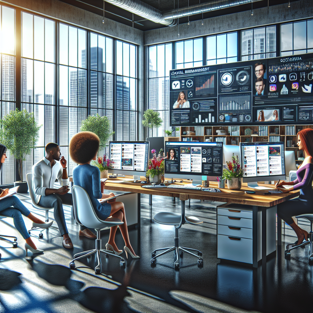 A diverse group of three professionals in a social media management office discussing data.