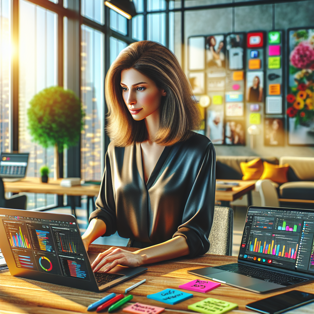 A social media manager working in a modern office, analyzing analytics on her laptop.