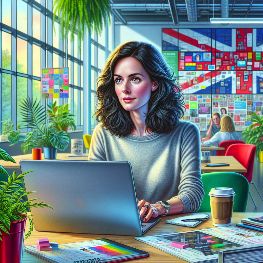 A social media manager working in a modern UK office.