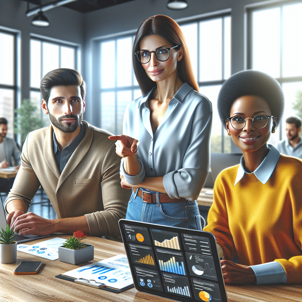 A diverse group of social media managers collaborating in a modern office.