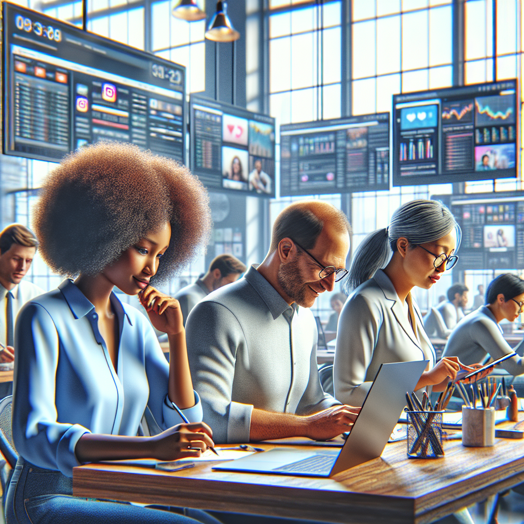 A diverse group of three individuals collaborating on social media management in a modern office.