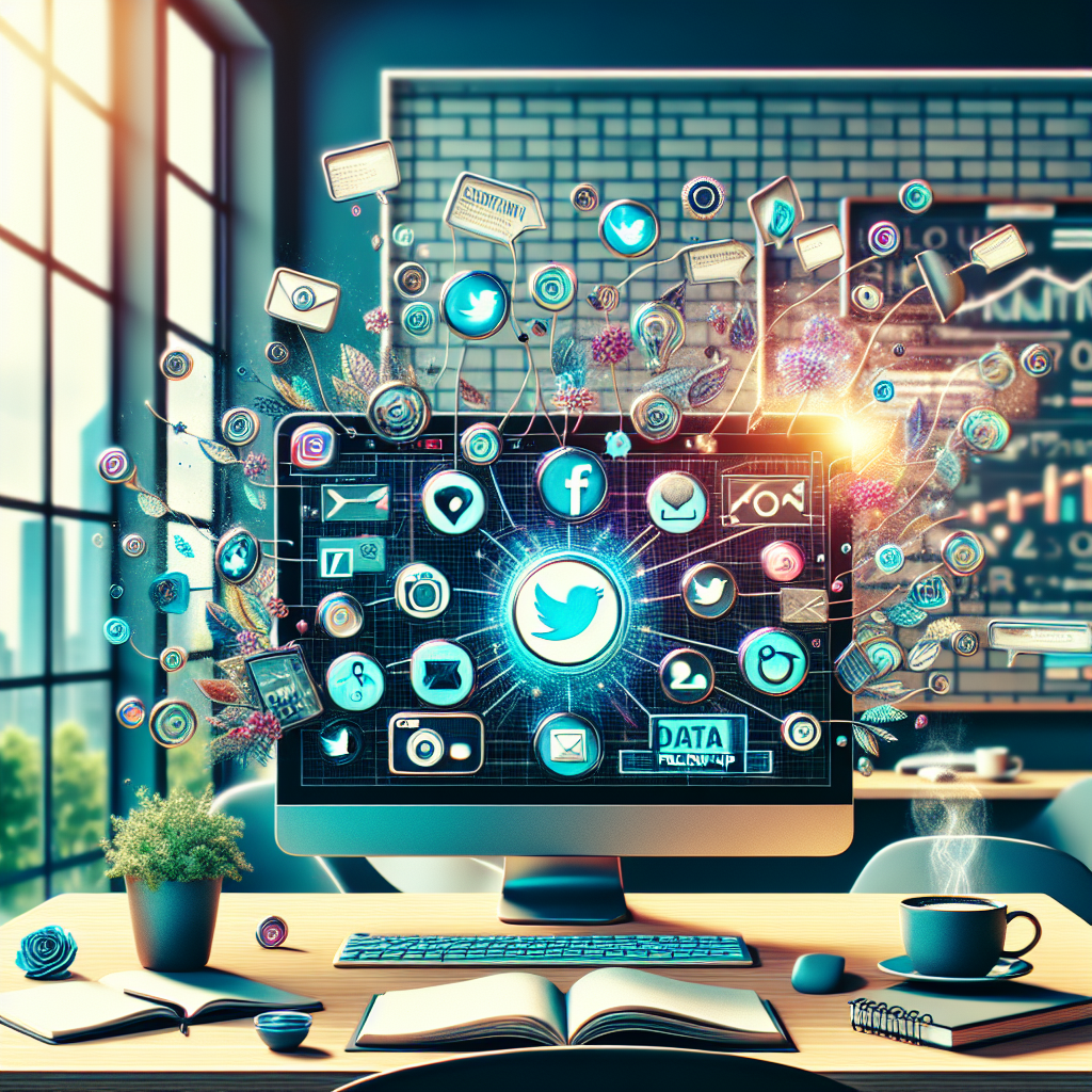 A workspace illustrating social media management with a computer, notes, and coffee.