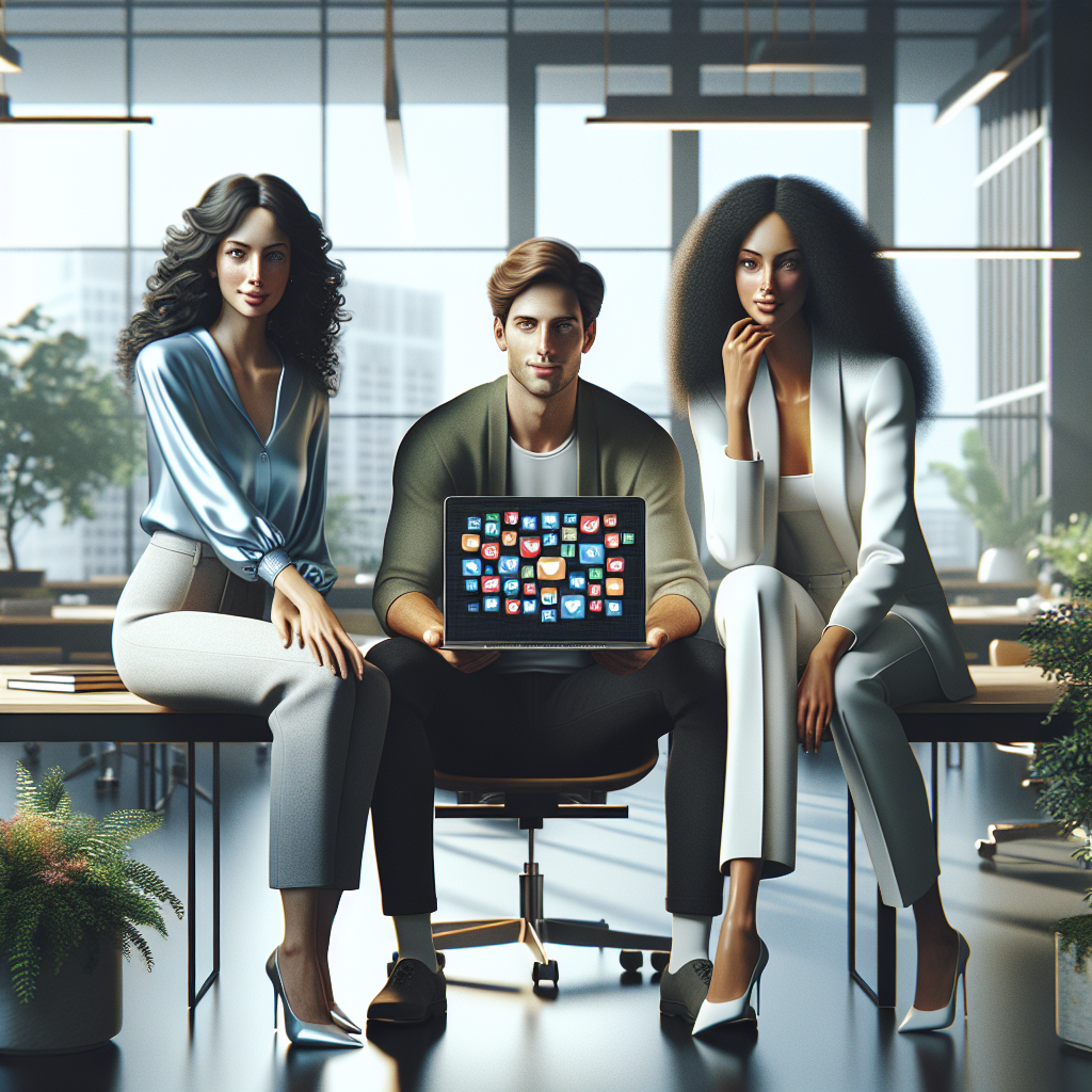 A diverse group of individuals collaborating on social media management in a modern office.