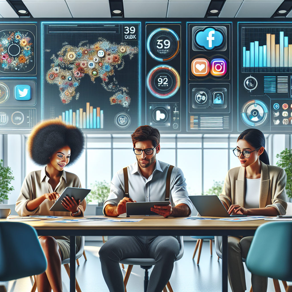 A diverse group of professionals collaborating on social media management in a modern office.