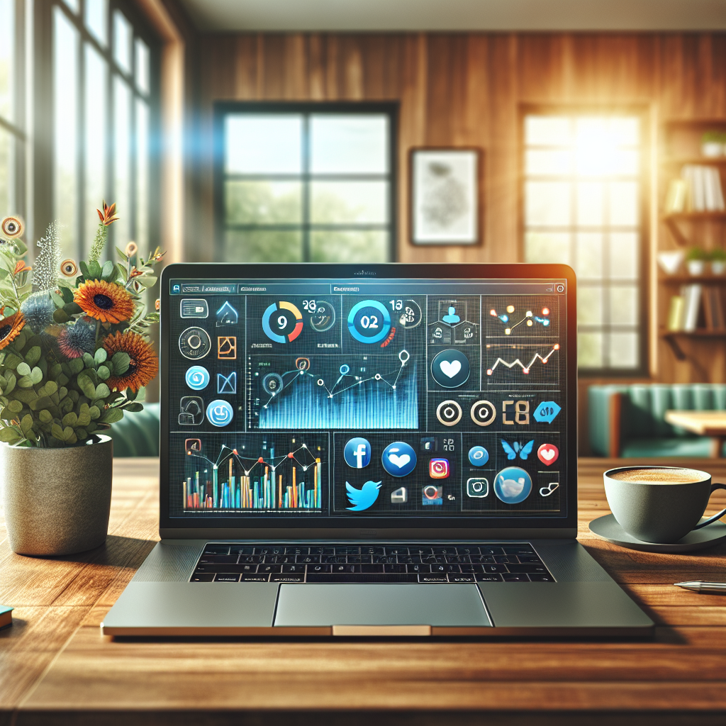 A laptop displaying a vibrant social media management dashboard in a cozy office setting.
