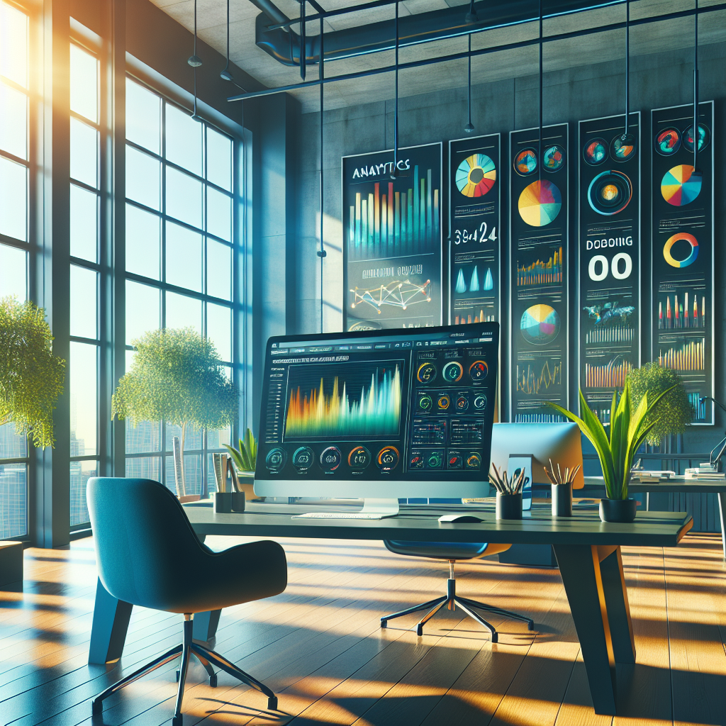 A modern office setup for social media management with high-end technology and a bright atmosphere.