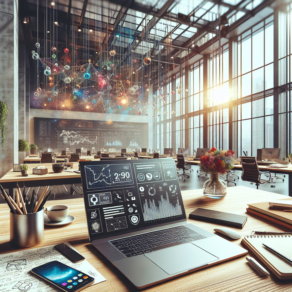 A busy workspace depicting social media management tools and a modern office environment.