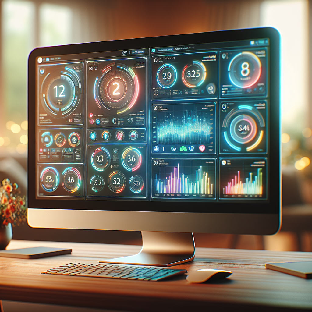 A modern social media management platform interface on a computer screen showing vibrant charts and posts.
