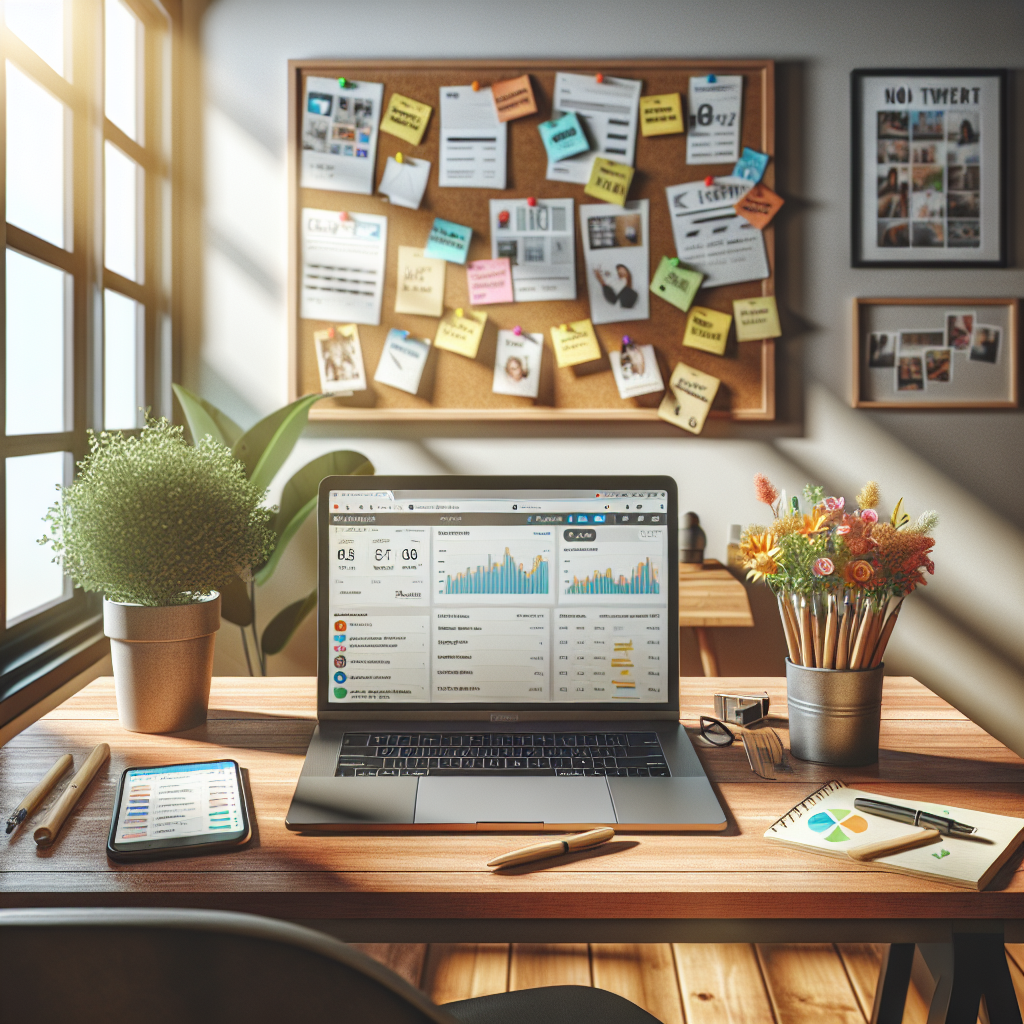 A social media management workspace with a laptop, smartphone, and organized notes.