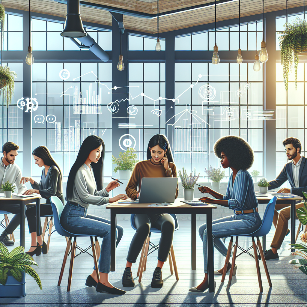 Illustration of a diverse group of people working on social media management at a modern office.