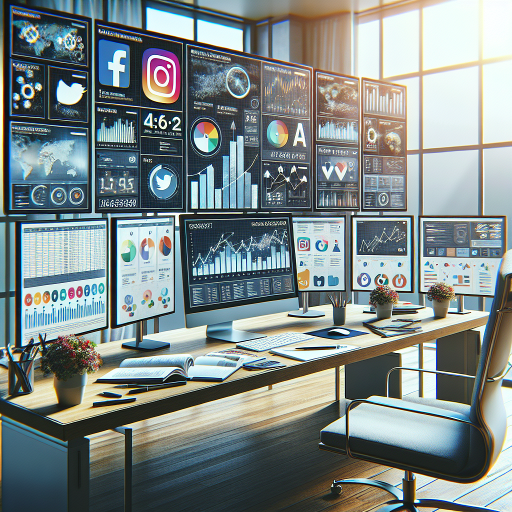 A digital marketing workspace showcasing social media management tools and analytics.