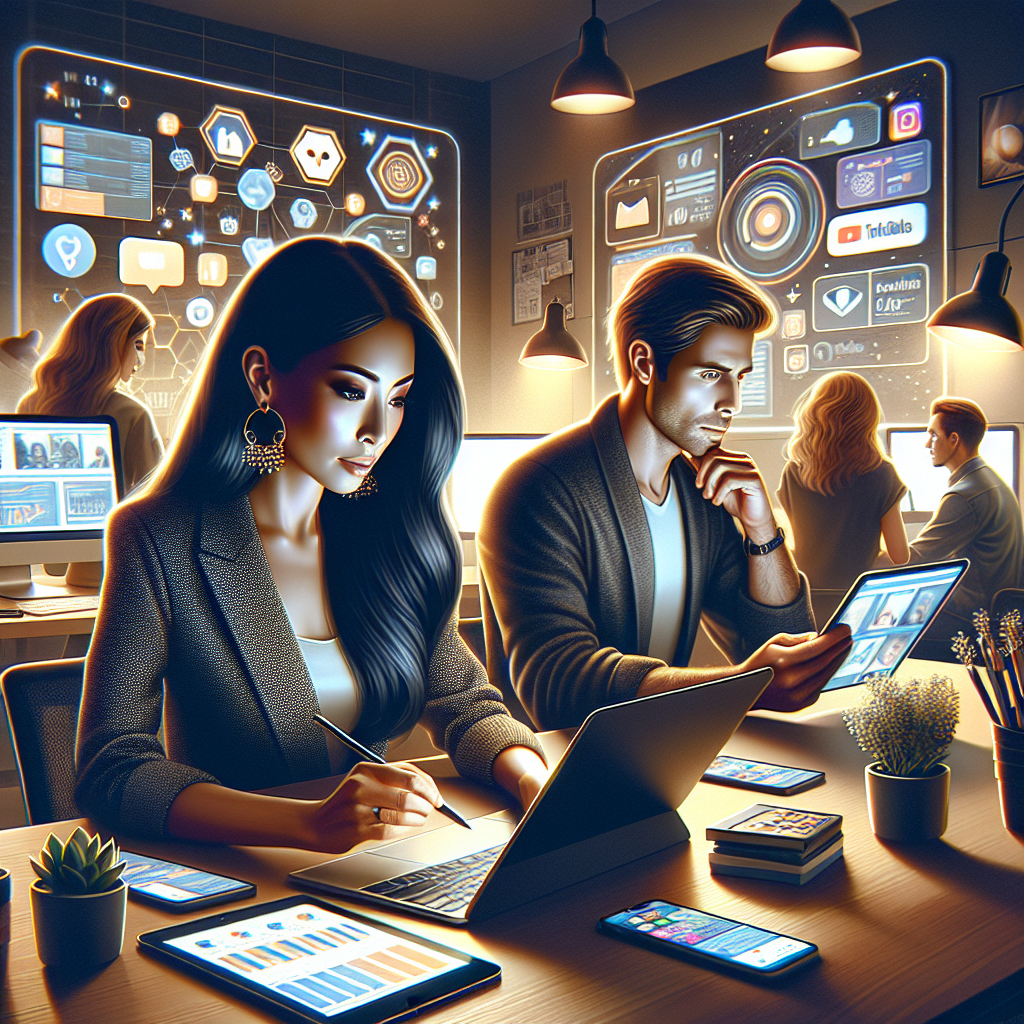 A diverse group of social media managers working in a vibrant digital workspace.