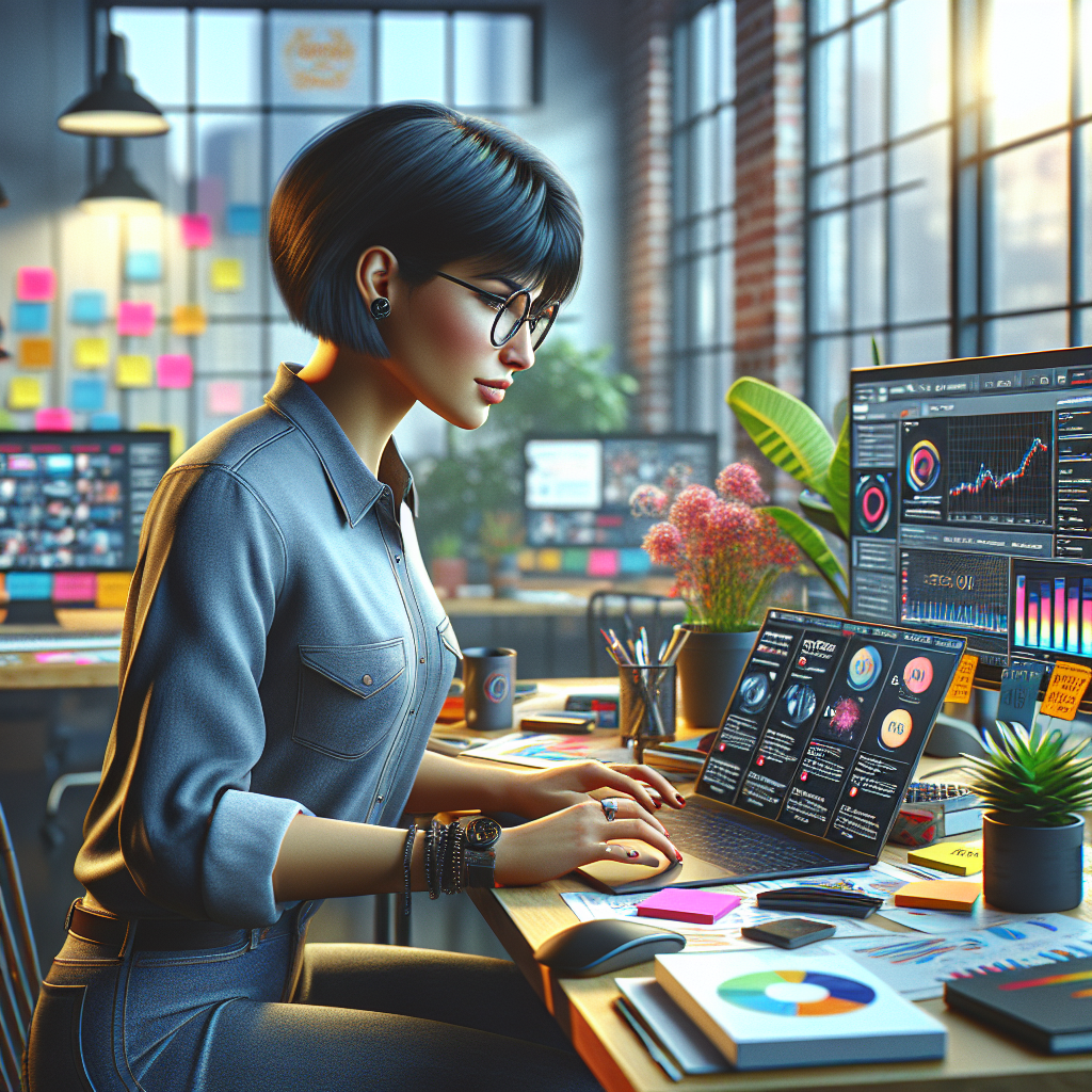 A social media manager working at a modern desk, focused on analytics.