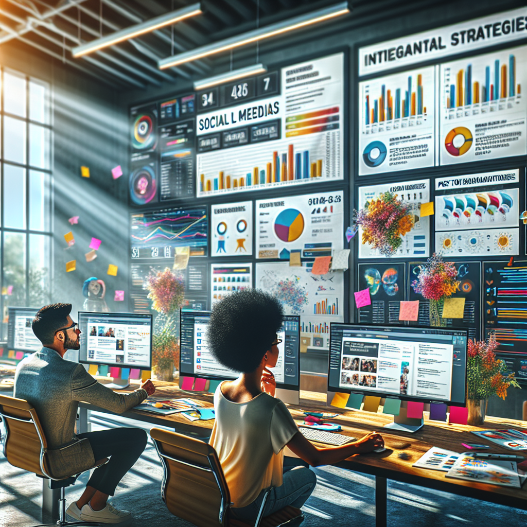 A vibrant social media management workspace with professionals collaborating.