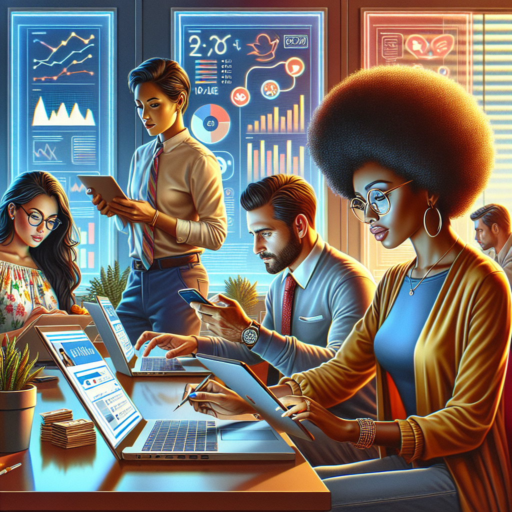 A diverse group of social media managers working collaboratively in a modern office.