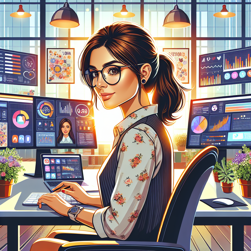A social media manager working at a desk with multiple screens.