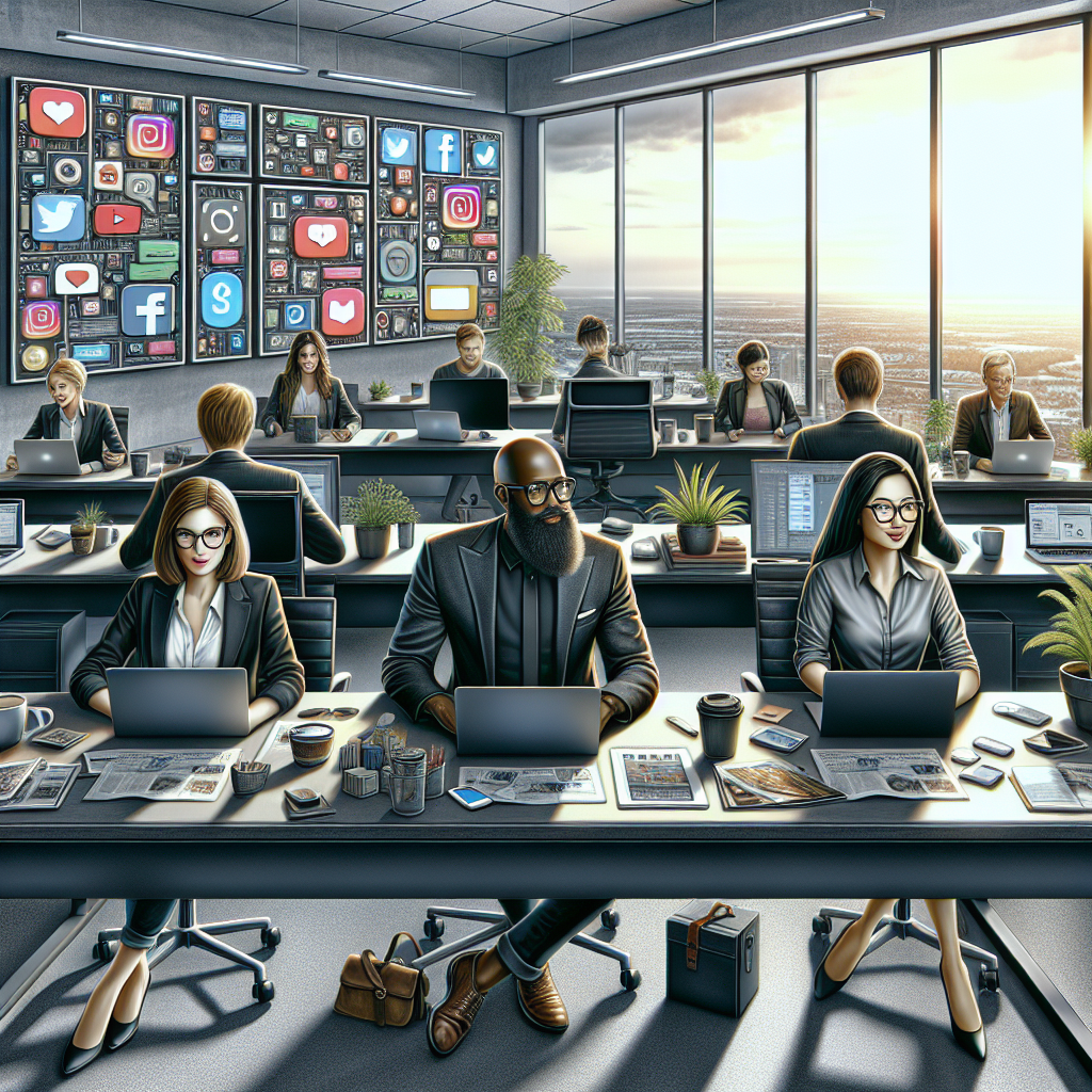 A diverse group of social media managers working in a modern office.