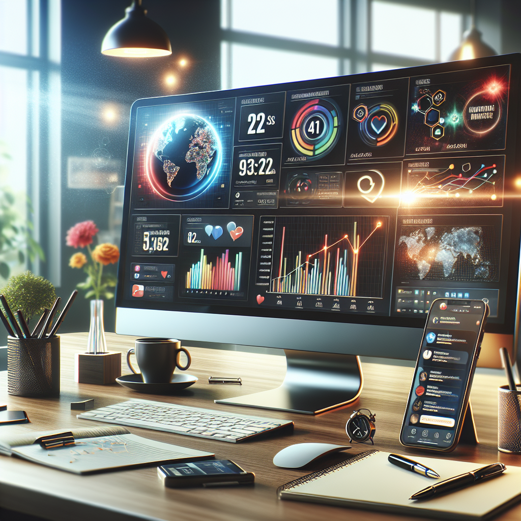 A professional workspace with a monitor showing analytics, a smartphone with a social media app, and a cup of coffee.