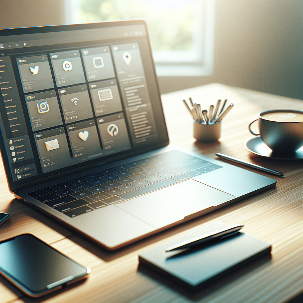A digital workspace with a laptop showing social media management apps, without any text, surrounded by a smartphone, notepad, and coffee.
