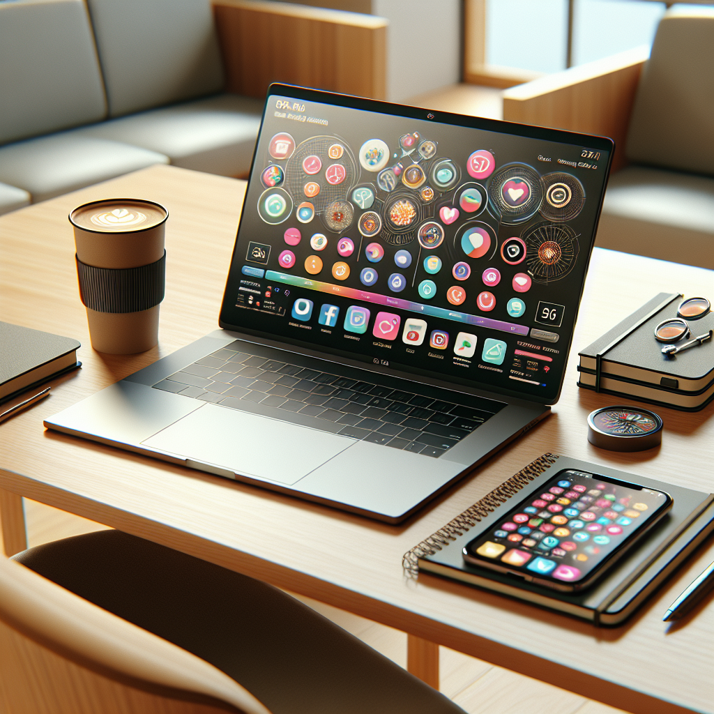 A modern digital workspace featuring a laptop, smartphone, notebook, and coffee cup.