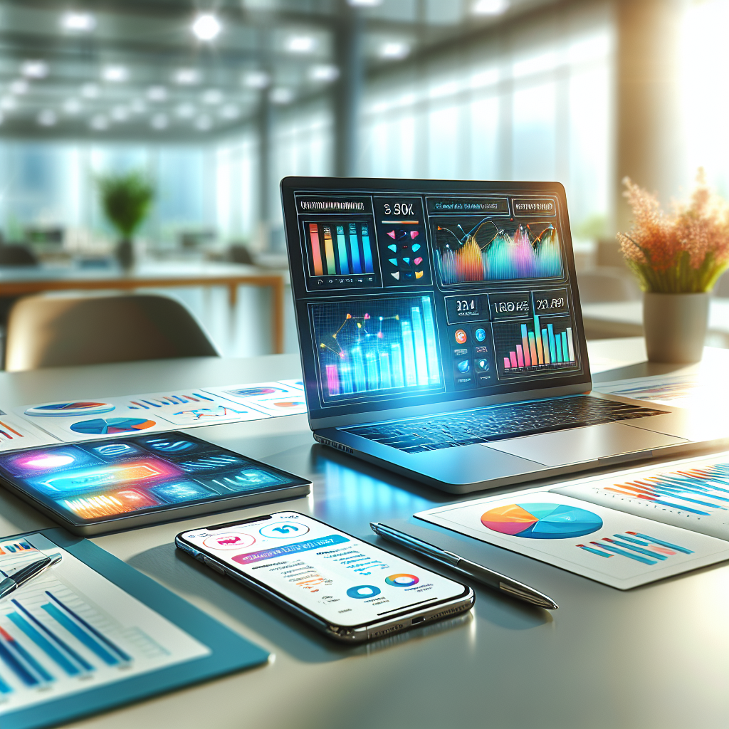 Modern workspace showcasing social media management apps on screens.