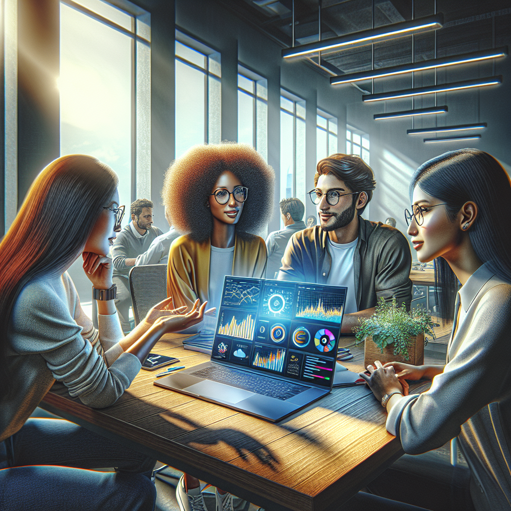 A diverse group discussing social media management around a laptop in a modern office.