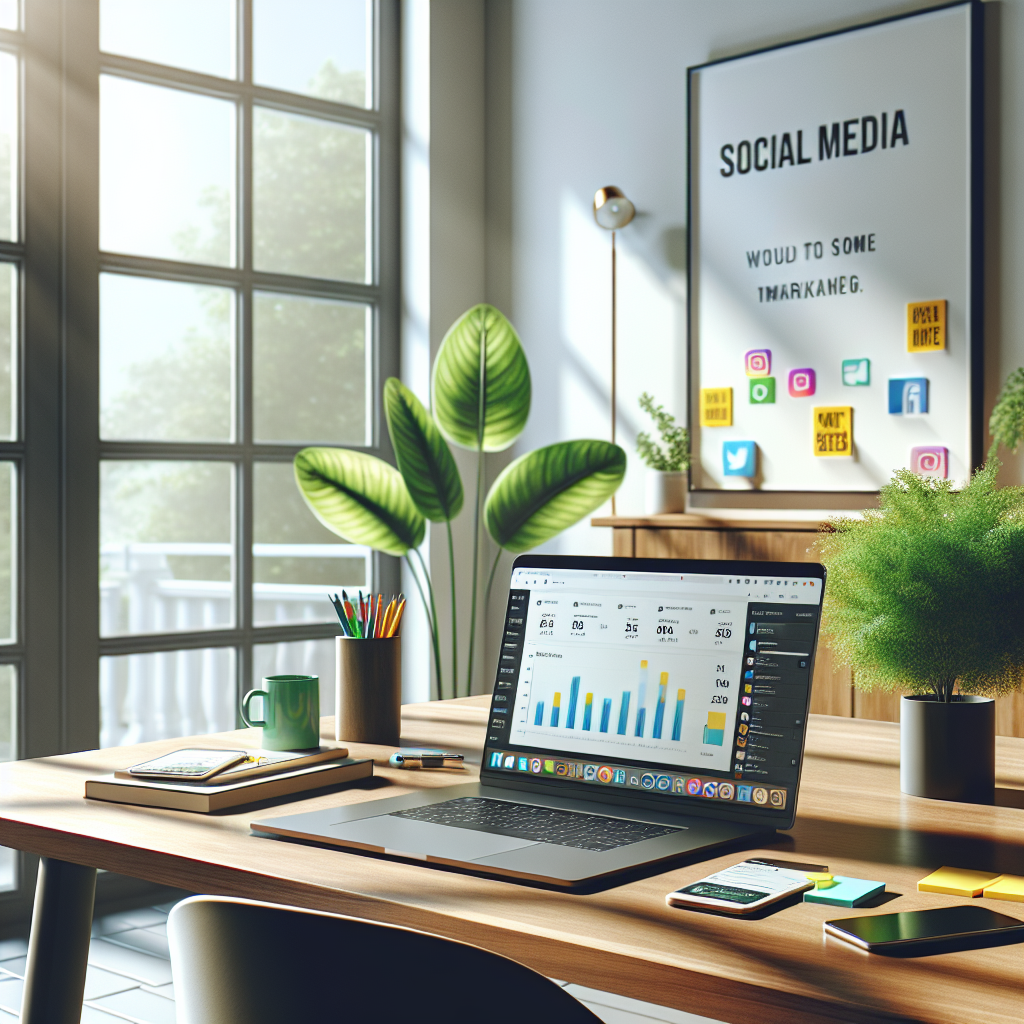 A modern workspace with a laptop and social media management tools.