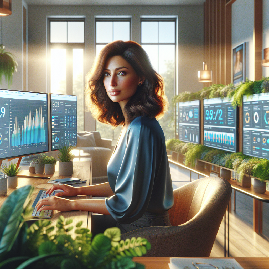 A social media manager in a modern office working on multiple screens.