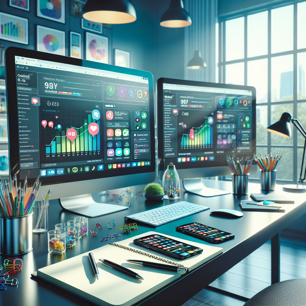 A vibrant social media management workspace with monitors, notebooks, pens, a smartphone, and natural light.
