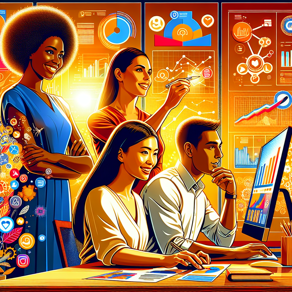 A vibrant workspace showing social media management with professionals collaborating.