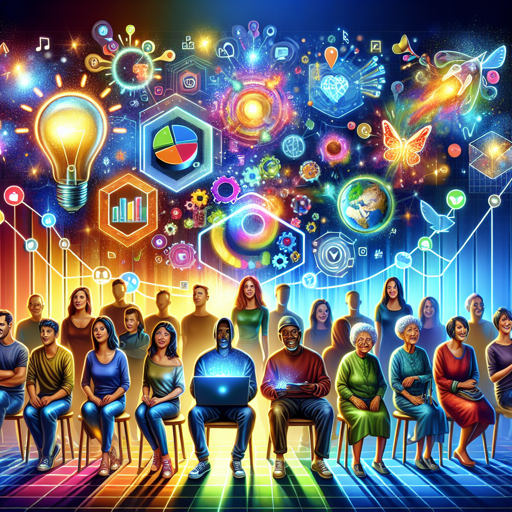 An illustration of various aspects of social media management, including content creation, audience engagement, analytics tools, and platform icons.