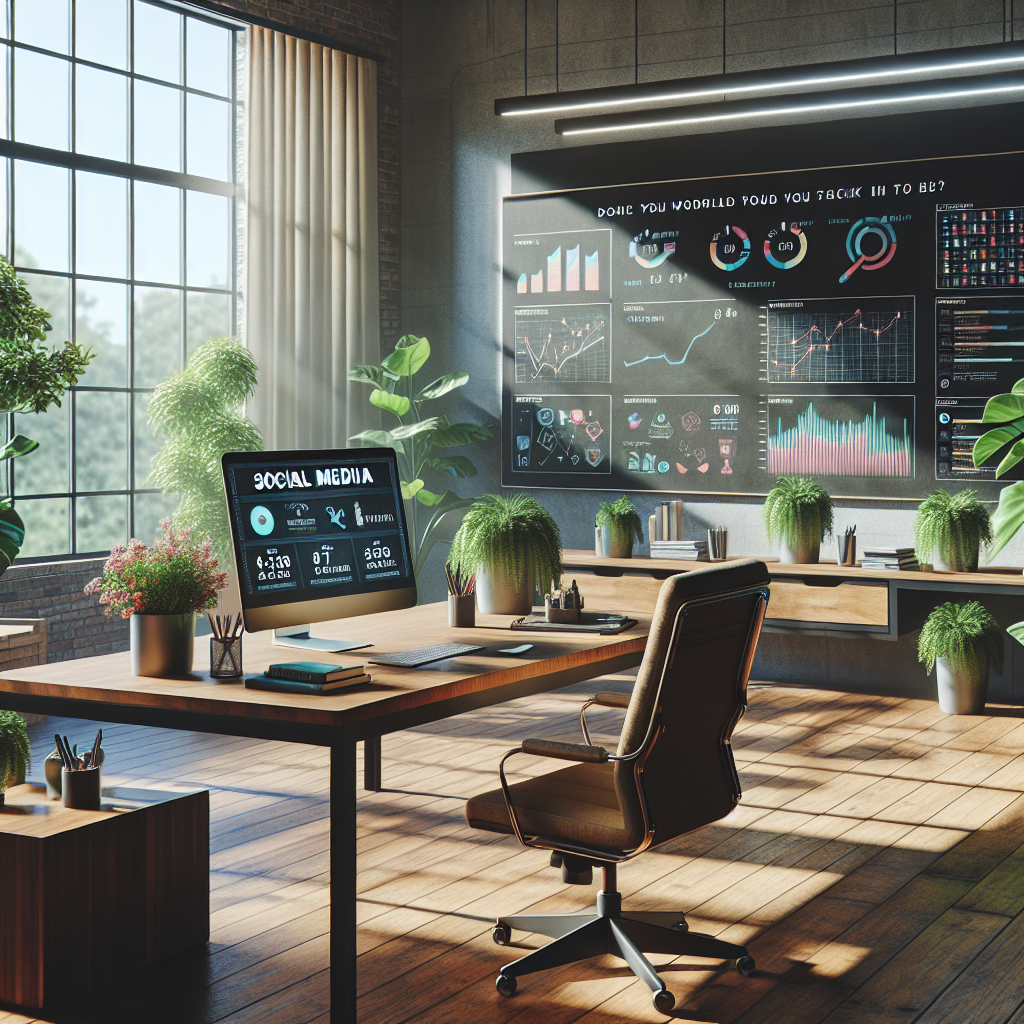 A modern office space showcasing a workspace for social media management.