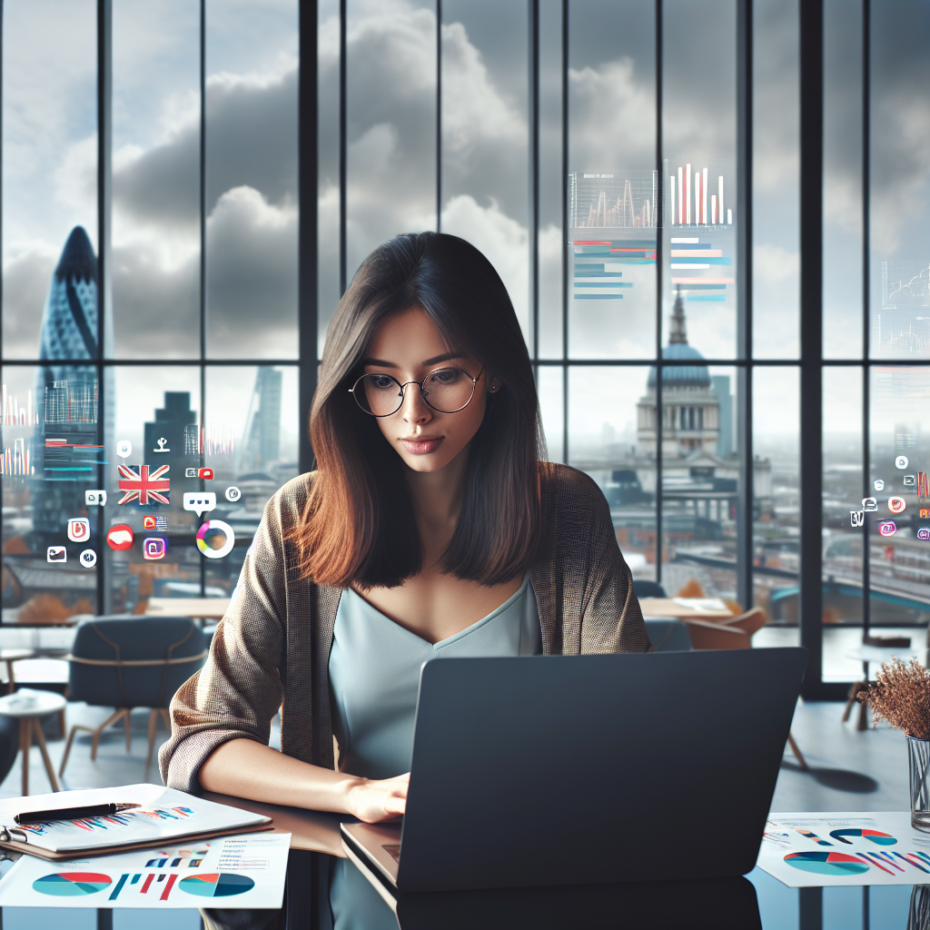 A social media manager analyzing data in a modern British office.