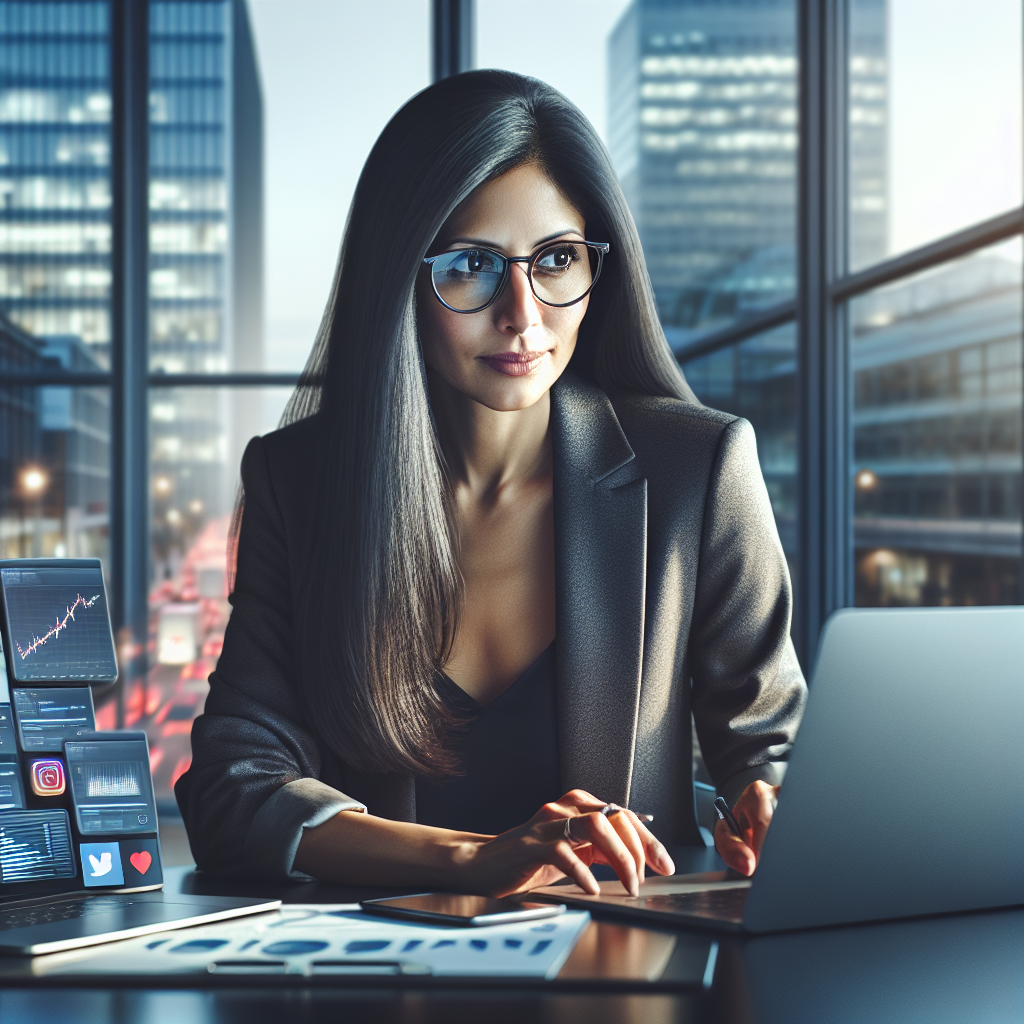 A social media manager working in an urban office, analyzing metrics on her laptop.