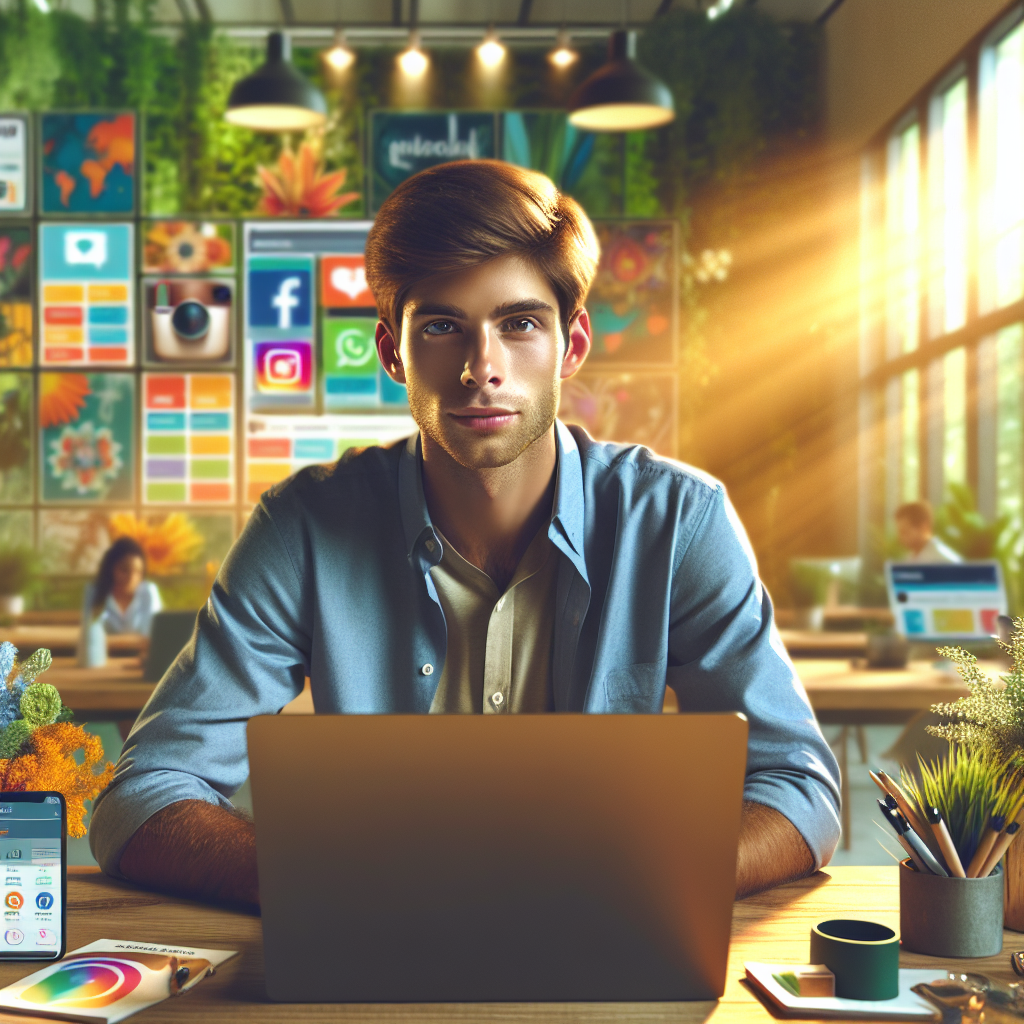 A young adult social media manager working at a desk with social media analytics on a laptop.