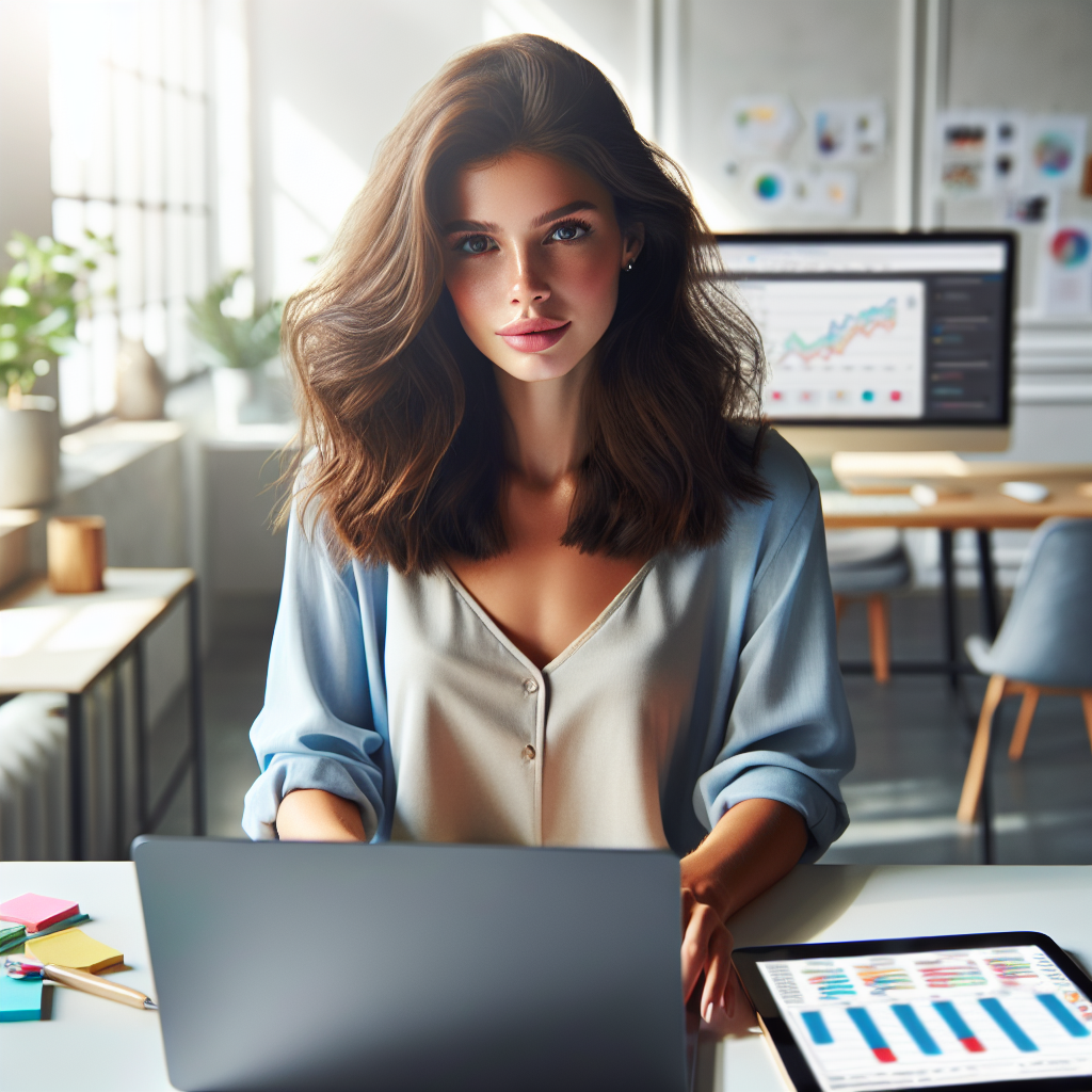 A social media manager working at a desk with a laptop and colorful sticky notes.