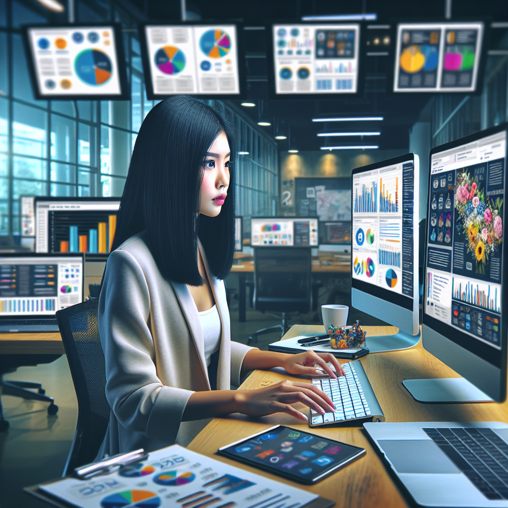 A social media manager working at her desk with two screens showing social media feeds.