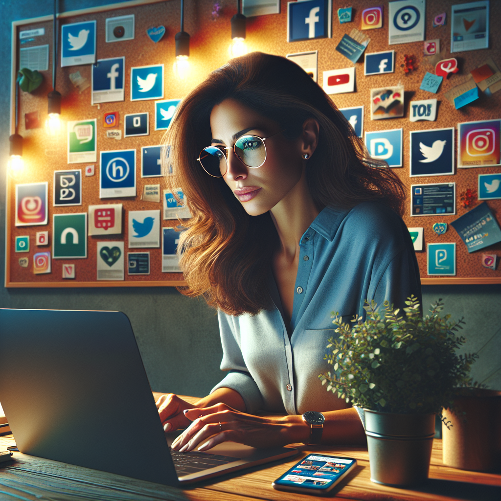 A social media manager at her workspace with colorful graphics and a laptop.
