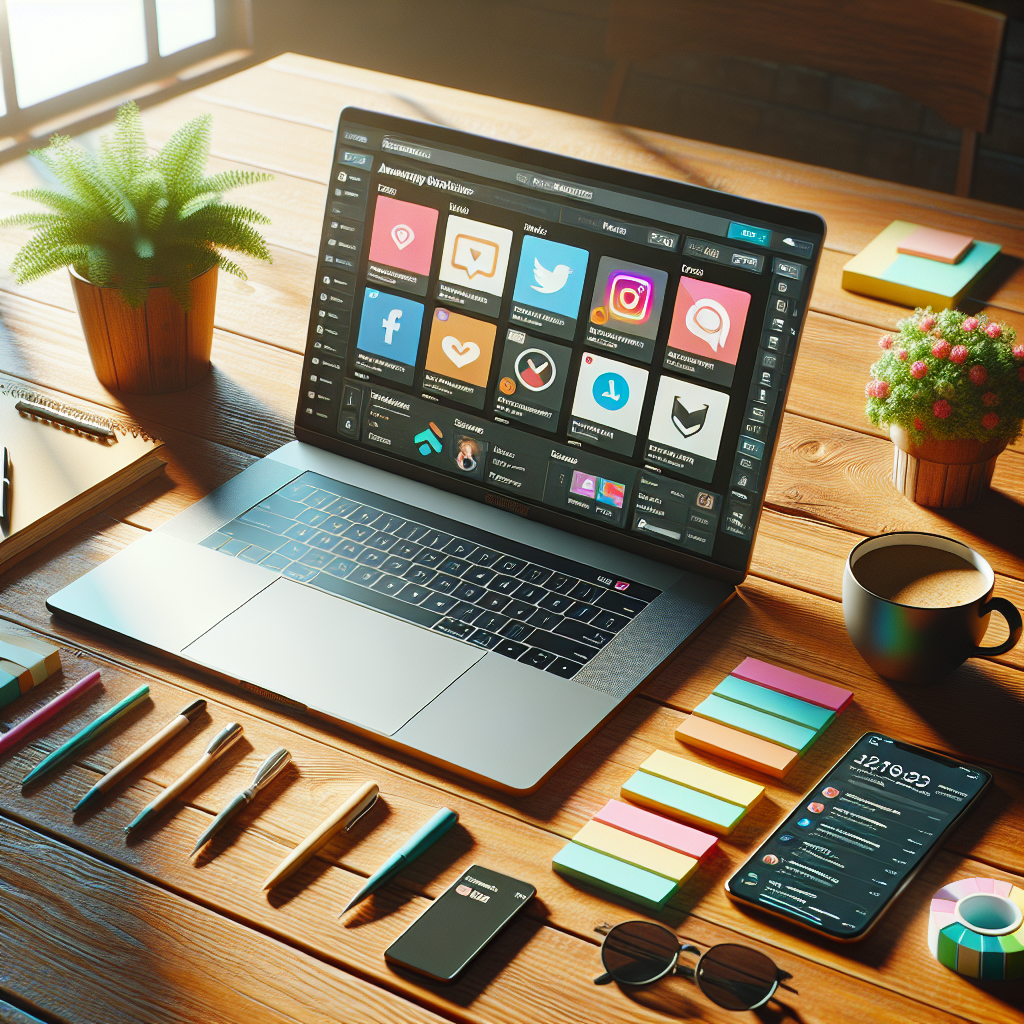 A modern office desk workspace set up for social media management.