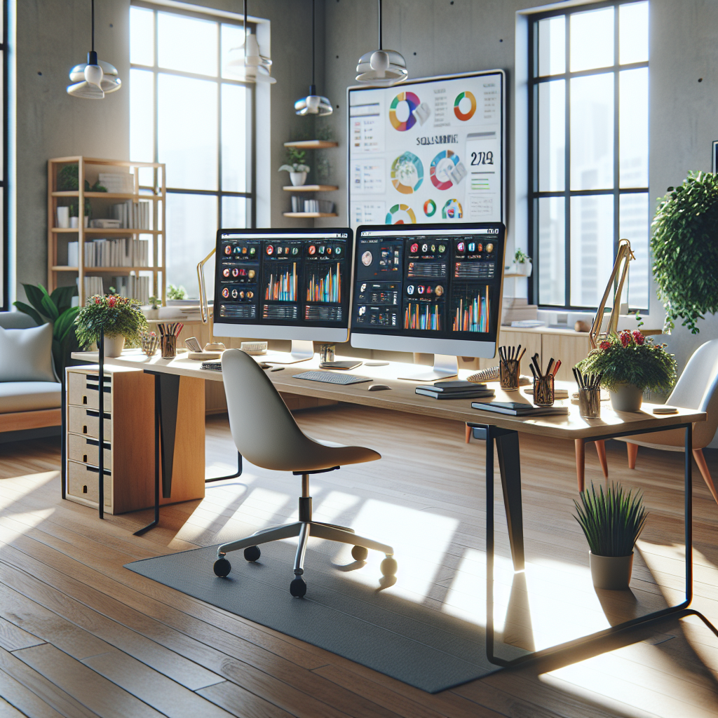 A small business office with multiple screens showing social media management tools.