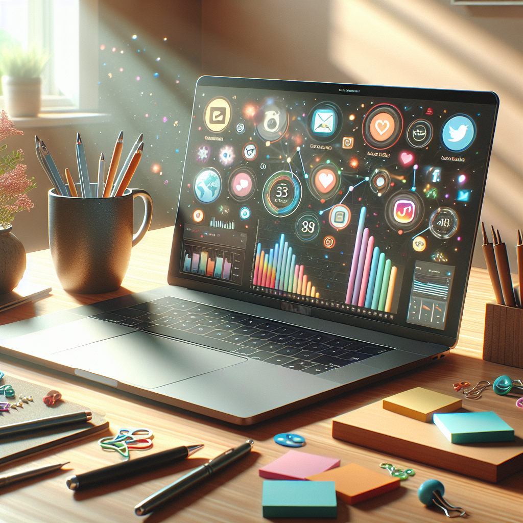 A digital workspace featuring a laptop with social media icons, colorful stationery, and a warm atmosphere.