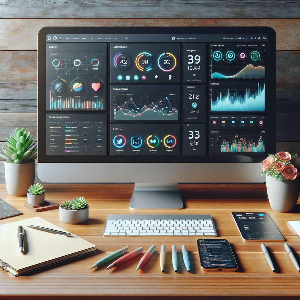 A modern desk setup with a computer displaying social media analytics, a smartphone, and a potted plant.