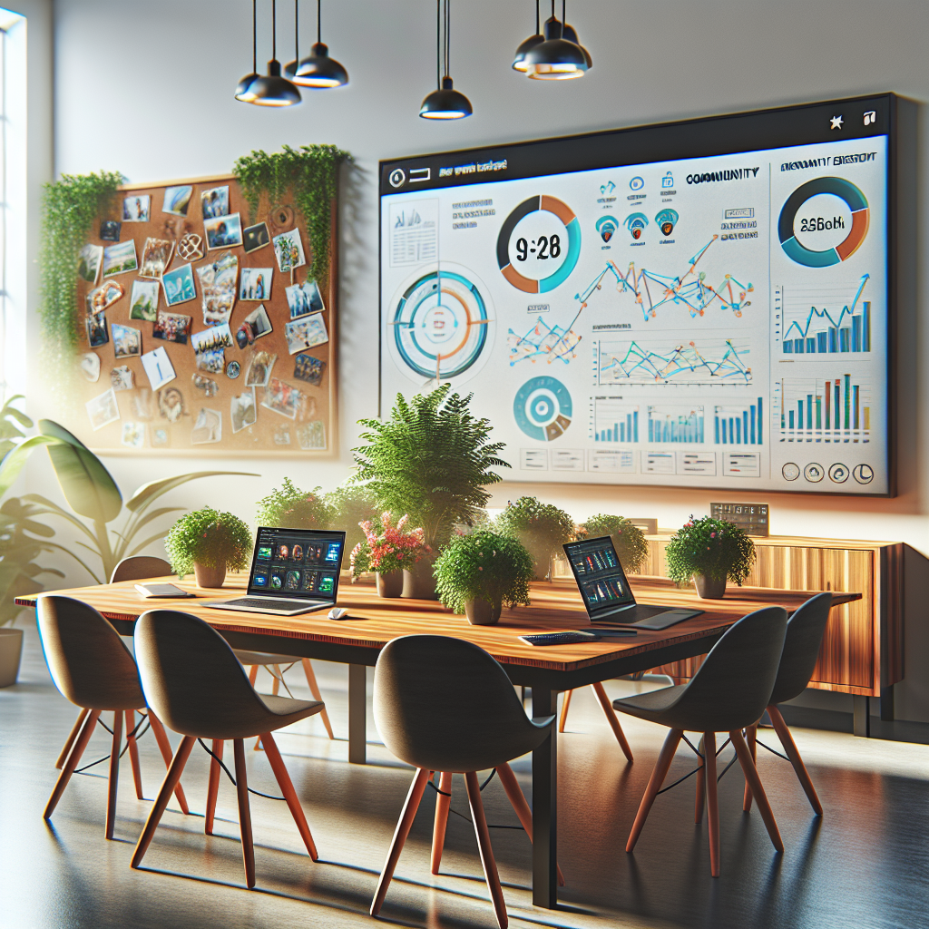A modern office space with a desk, laptop, and community management tools.