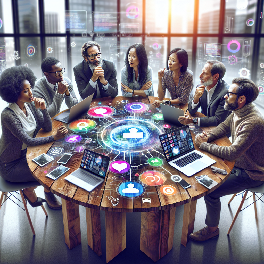 A diverse group of individuals discussing around a modern table with social media icons.