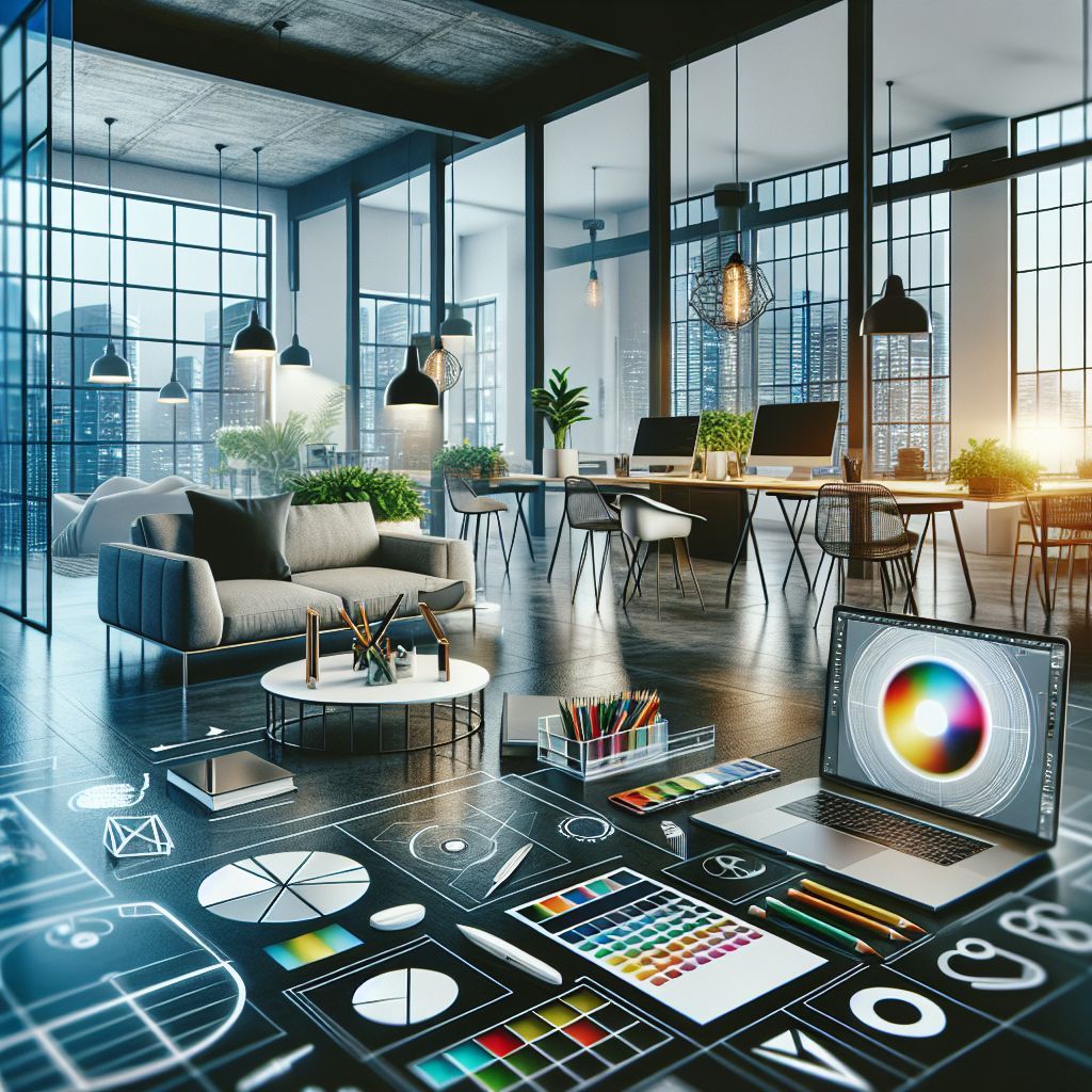 An image of a modern graphic design agency studio with design tools, digital interfaces, and contemporary furniture, highlighting creativity and professionalism in a realistic style.