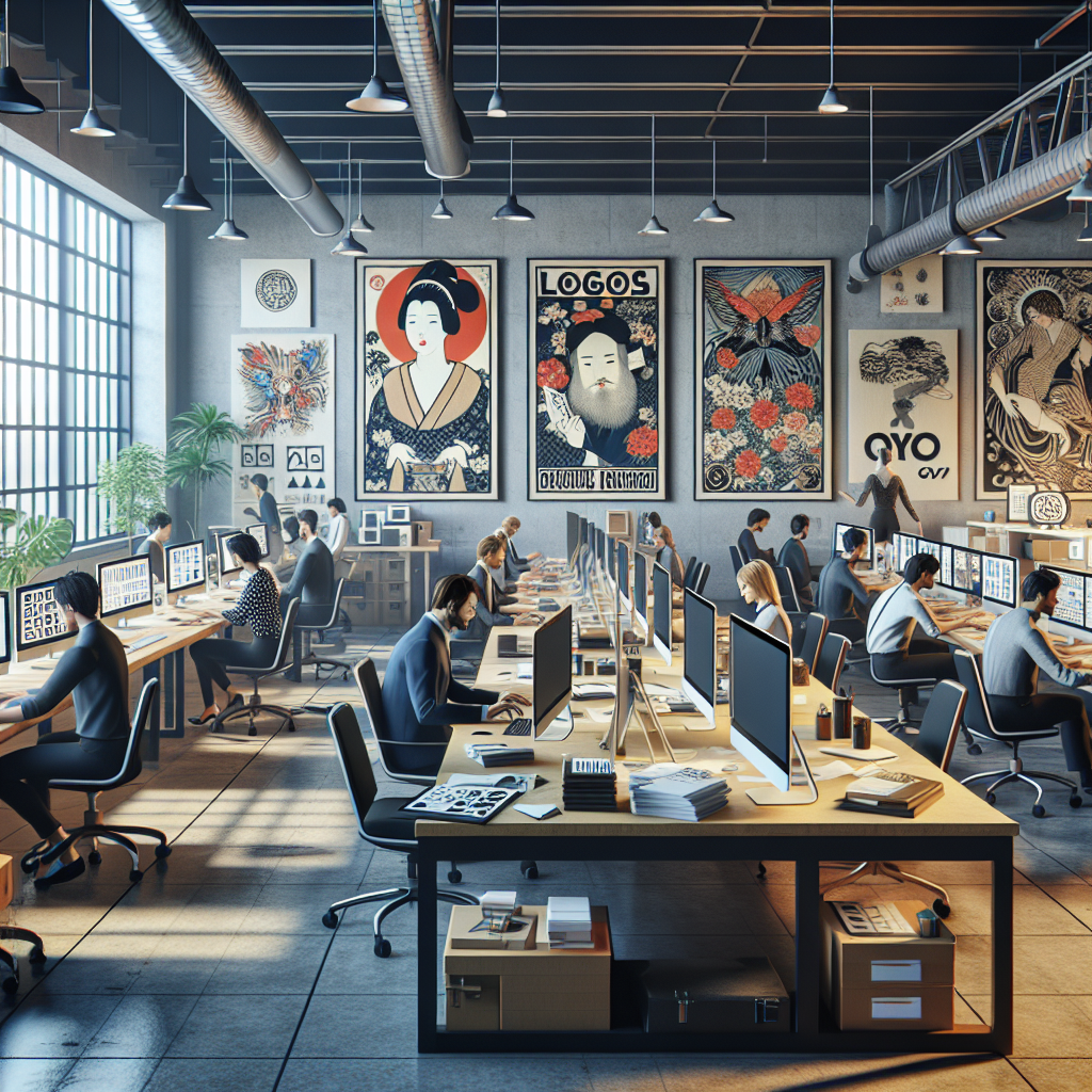 Modern graphic design studio with professionals working on digital art and design projects in a realistic style.