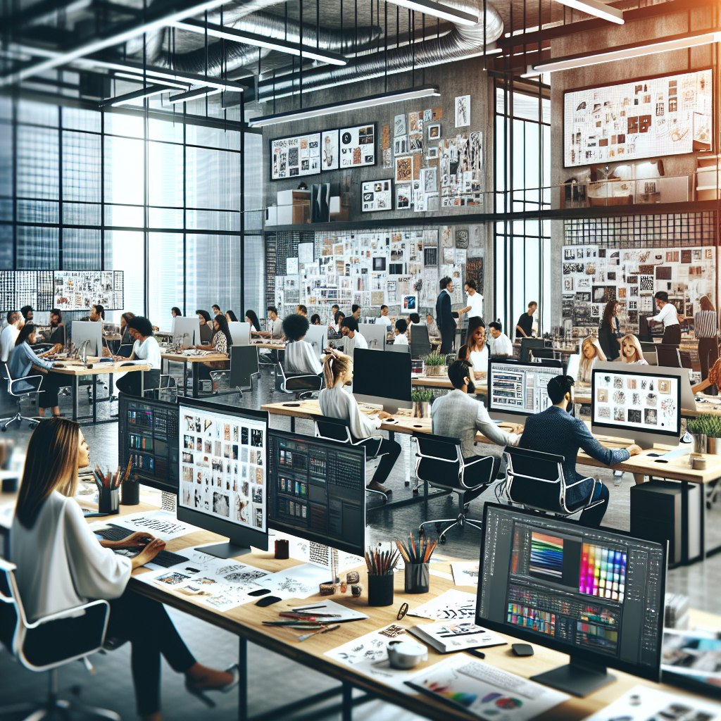 A graphic design agency office with creative professionals at work, collaborating, and using modern technology.