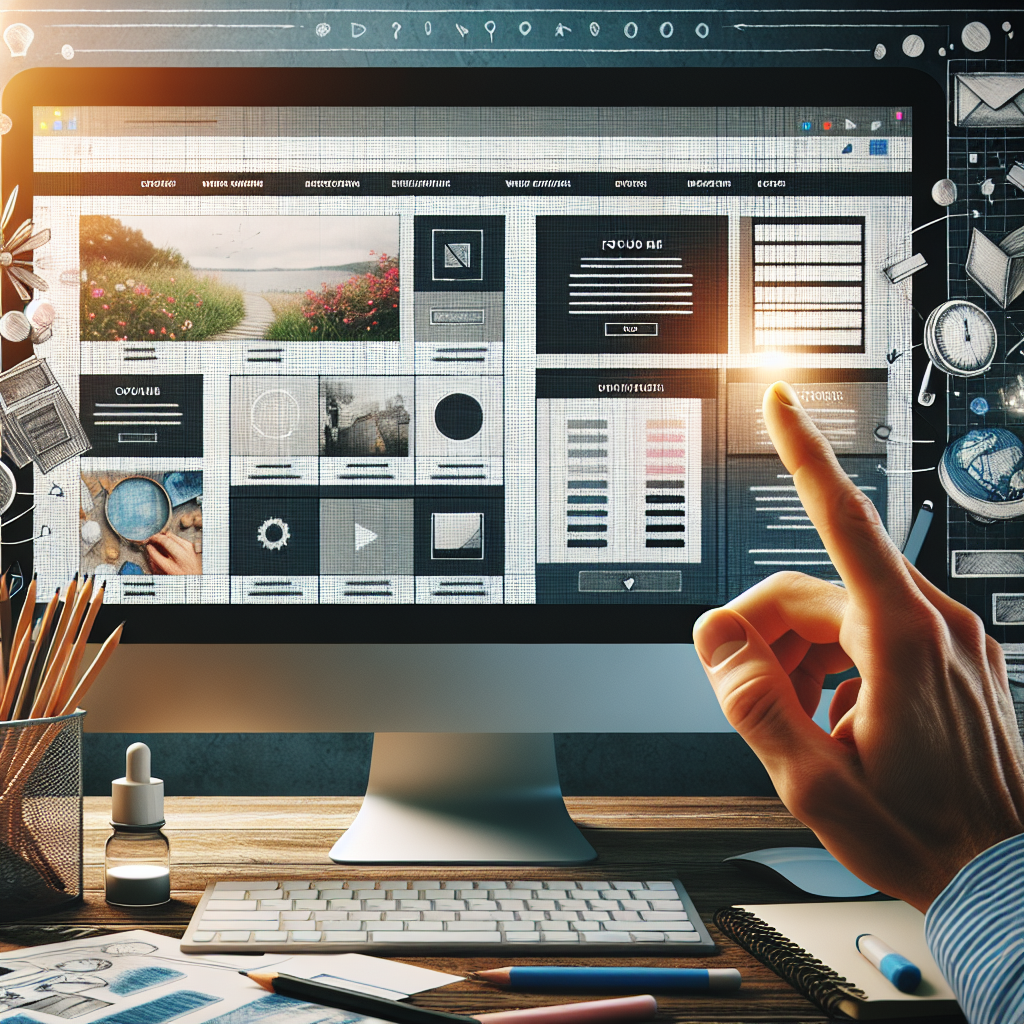 Modern web design layout on computer screen with design-related items on the desk.